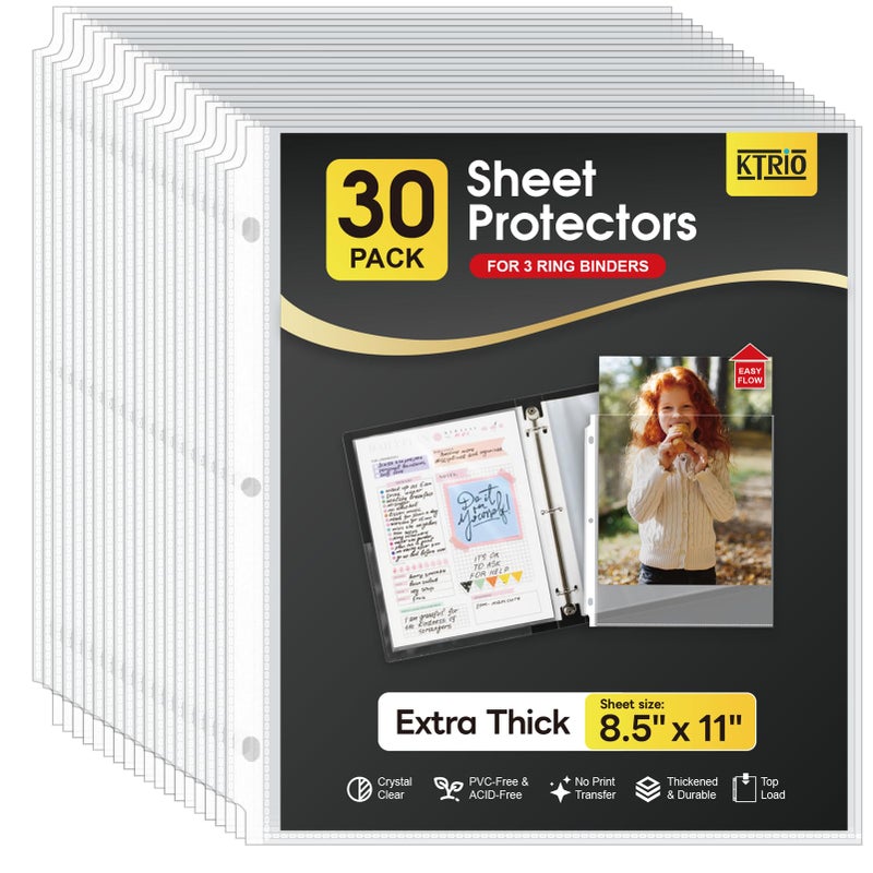 KTRIO Heavy Duty Sheet Protectors 8.5 x 11 inch, 3 Mil Thick Clear Page Protector for 3 Ring Binder, Plastic Sleeves for Binders, Top Loading Paper Document Sleeve Letter Size, Office & Home, 30 Pack - Image 1
